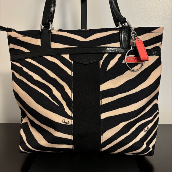 Coach Black & Tan Zebra Print Canvas Black Patent Leather Tote - Picture 2 of 10